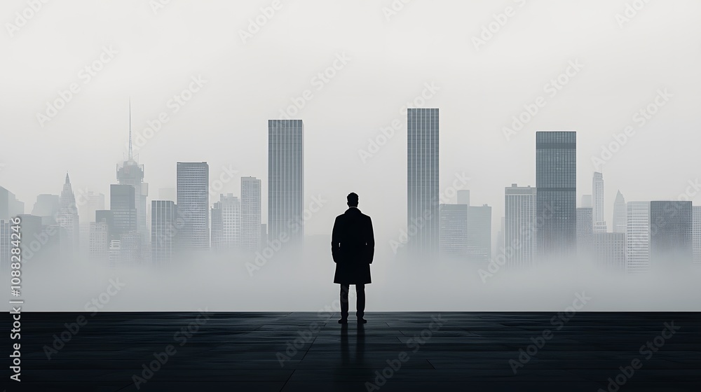 A Businessman Contemplates His Future Against a Misty Cityscape of Tall, Abstract Skyscrapers. Cost of Capital, Valuation, Interest Rate Concept A Businessman Contemplates His Future Against a Misty Cityscape of Tall, Abstract Skyscrapers. Cost of Capital, Valuation, Interest Rate Concept