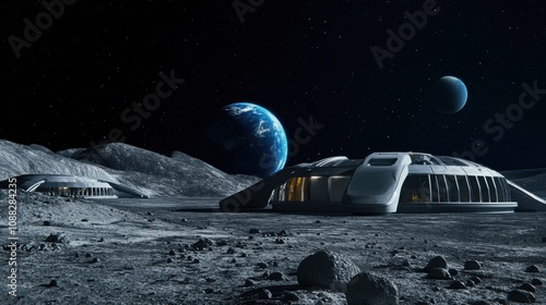 An expansive lunar landscape with a futuristic lunar base and Earthrise in the background, Space colonization style, photo of