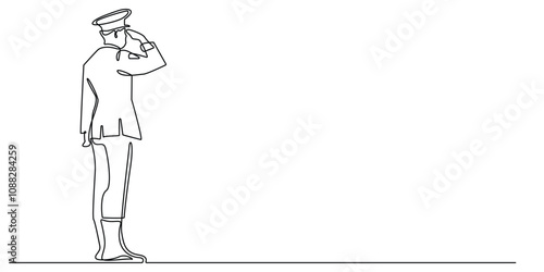 continuous line drawing of military salute.one line drawing of military personnel performing salute.man in military uniform performing salute.single line vector illustration