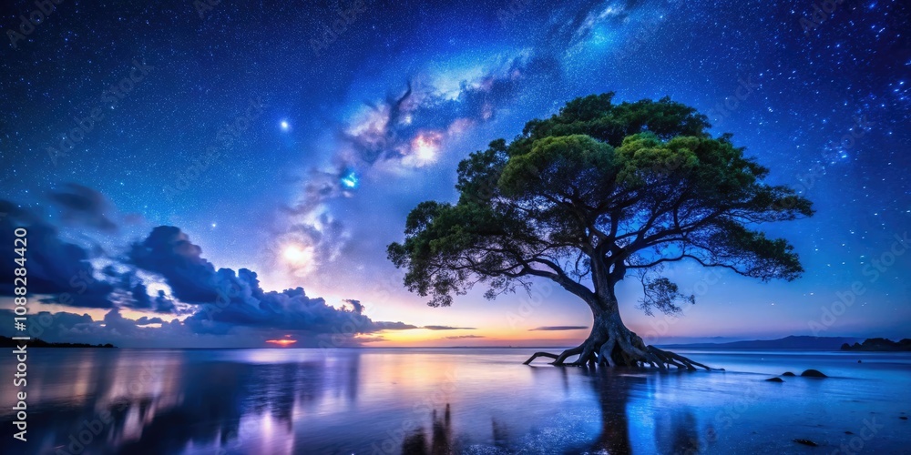 Tree Silhouette with Roots on Beach Under Starry Sky - Low Light Photography, Nature Landscape, Night Sky, Tranquil Scene, Serenity, Coastal Beauty, Outdoor Adventure, Silhouette Art Tree Silhouette with Roots on Beach Under Starry Sky - Low Light Photography, Nature Landscape, Night Sky, Tranquil Scene, Serenity, Coastal Beauty, Outdoor Adventure, Silhouette Art