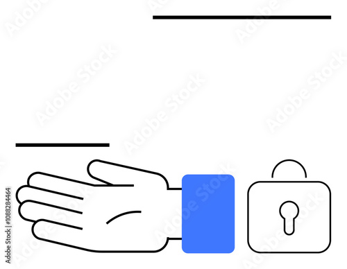 Open hand and padlock symbolize access and security in a minimalist design. Ideal for themes security, access, protection, safety, trust, privacy, assistance. Line metaphor