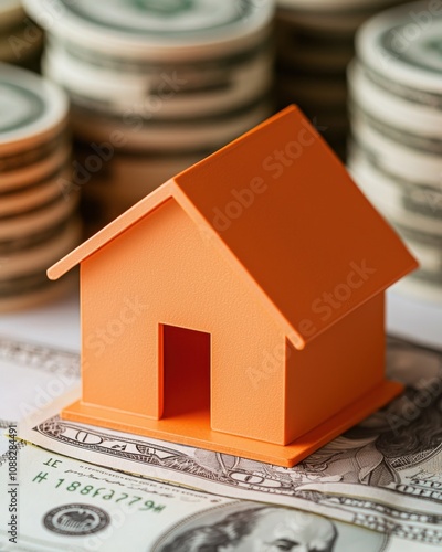 A vibrant orange house model sits atop dollar bills, surrounded by stacks of coins, symbolizing real estate investment and financial growth.