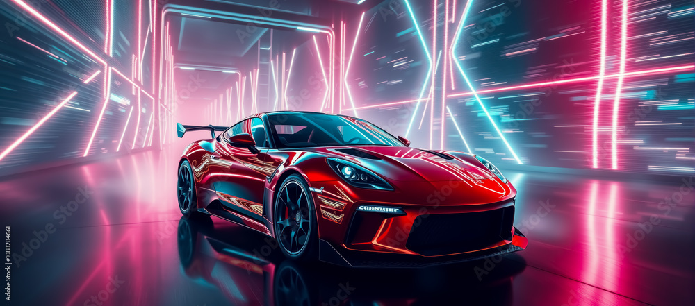 A red sports car wallpaper featuring a stunning neon light effect as the background. A red sports car wallpaper featuring a stunning neon light effect as the background.