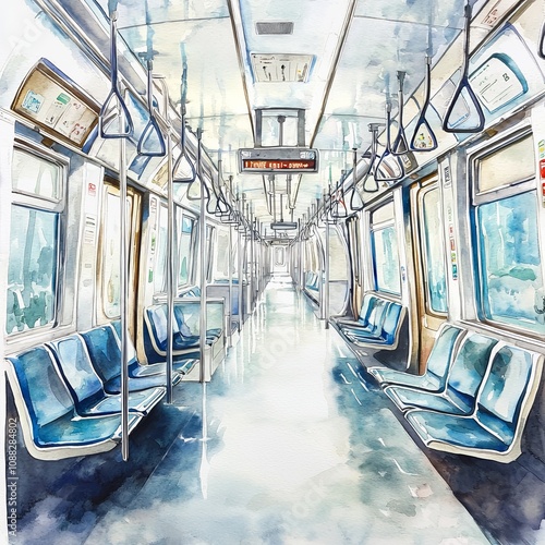 Watercolor painting of a quiet morning in a subway train with empty seats and soft lighting, on isolated white background