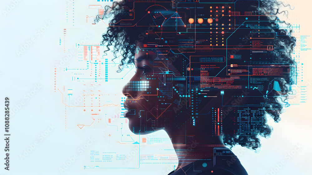 AI cyber security threat illustration, black african american female IT ...