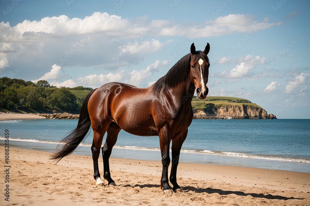 Majestic Horse Standing on a Sandy Beach in a Picturesque Summer Scene Majestic Horse Standing on a Sandy Beach in a Picturesque Summer Scene