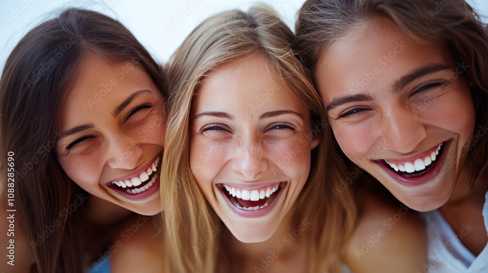 Group of friends laughing together, all in casual attire, gathered closely, joyful expressions, on white background Group of friends laughing together, all in casual attire, gathered closely, joyful expressions, on white background