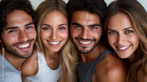 Group of friends, all smiling widely, standing close together, dressed in casual clothes, on white background