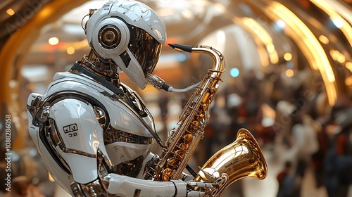 A solo AI Robot playing the saxophone on Mars moon of Deimos