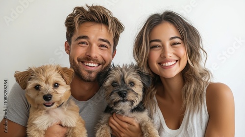 Couple holding their two small dogs, dressed in casual outfits, all looking at the camera with happy expressions, white background photo