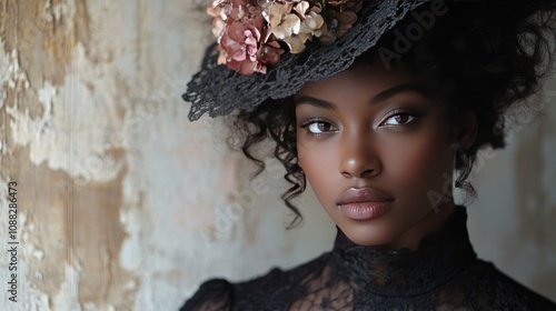 A black woman in a dark dress and lace, with a Victorian flowered hat. The background is in pale white, emphasizing the classic atmosphere.