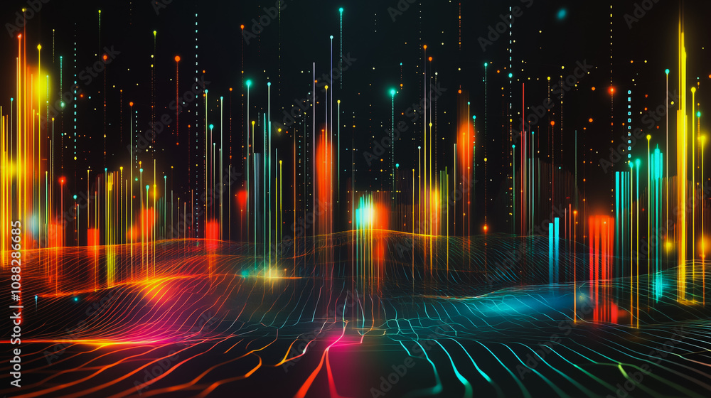 Abstract black background with 3D Colorful charts and graphs with statistics to innovative analyze business potential and forecast future development of companies growth. Abstract black background with 3D Colorful charts and graphs with statistics to innovative analyze business potential and forecast future development of companies growth.