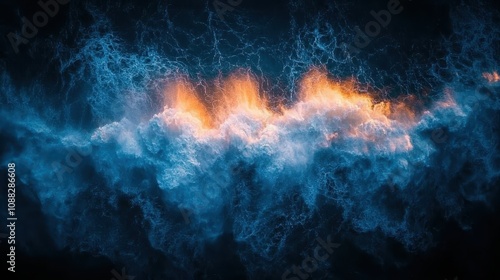 An abstract image showcasing vibrant blue waves with fiery orange highlights, creating a dynamic contrast that evokes movement and energy.