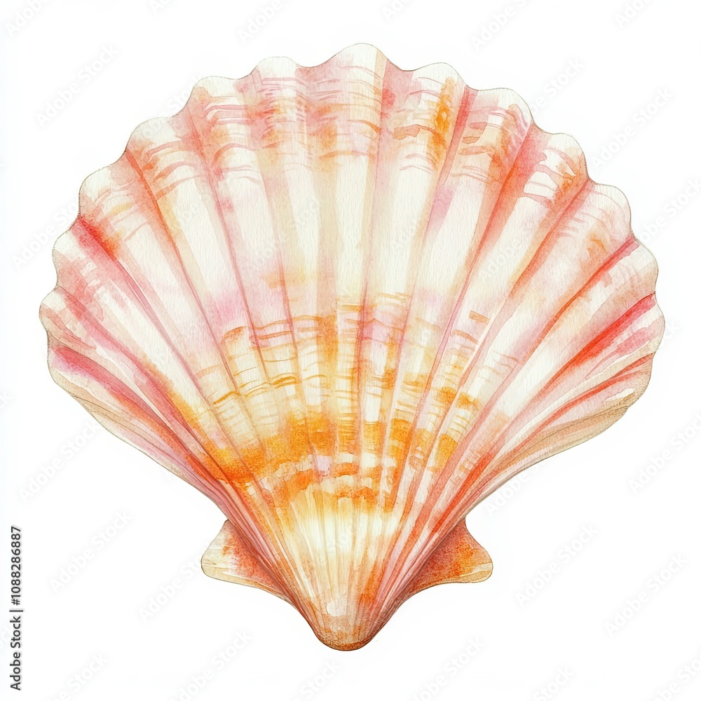 Obraz premium Colorful scallop shell resting on a sandy surface, showcasing its intricate patterns and hues in natural light