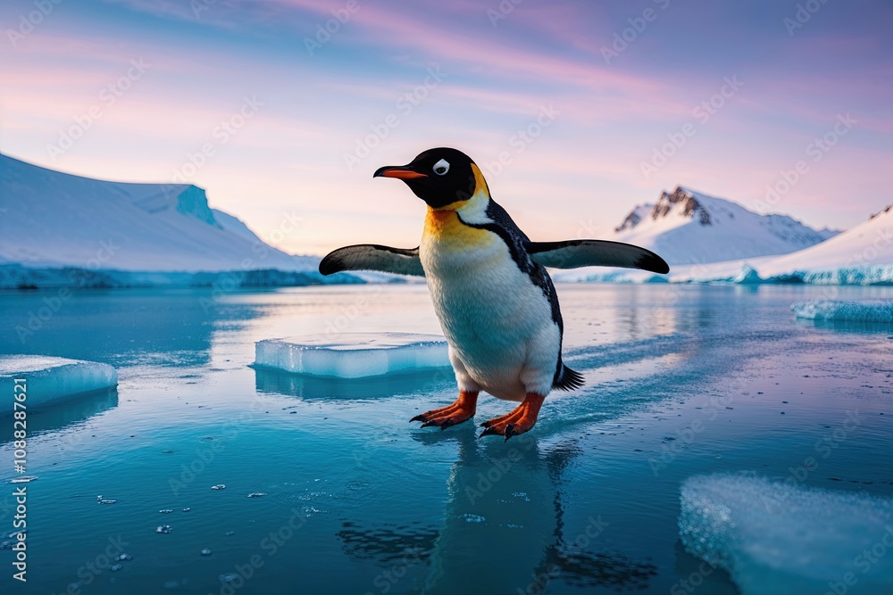 Obraz premium Playful Penguin Sliding on Ice in a Vibrant Winter Landscape