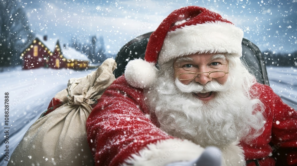 Cheerful Santa Claus in a Red Suit, Joyful Expression, Distribution of Gifts, Winter Wonderland, Snowy Background with Cozy Cabin and Snowflakes Falling Cheerful Santa Claus in a Red Suit, Joyful Expression, Distribution of Gifts, Winter Wonderland, Snowy Background with Cozy Cabin and Snowflakes Falling