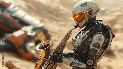 A solo AI Robot playing the saxophone on Mars moon of Deimos