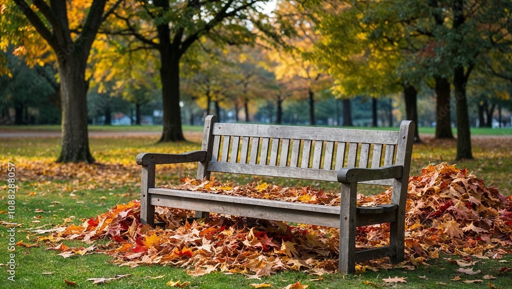 Wooden bench surrounded by colorful autumn leaves in a serene park setting Wooden bench surrounded by colorful autumn leaves in a serene park setting