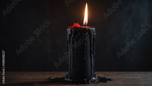 Melting black candle with red wax drippings and a bright flame on a wooden surface