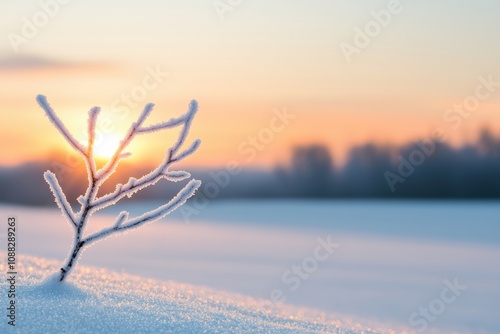 Frozen branch emerging from snow at sunrise in winter landscape