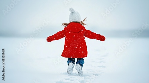 Joyful Child Leaping in Snow - Red Coat, Winter Play, Footprints