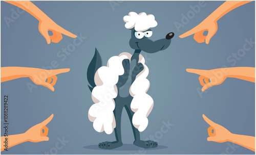 People Pointing to the Wolf in Sheep Clothing Vector Cartoon. Society blaming a wild animal in disguise trying to pose as harmless 
