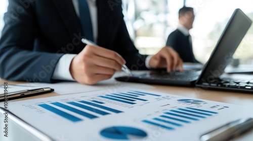 Businessman Analyzing Financial Data on Laptop and Charts