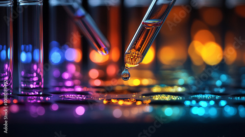 Close-up of a row of test tubes with liquid droplets inside highlighting scientific experimentation, research, and innovation in a laboratory setting