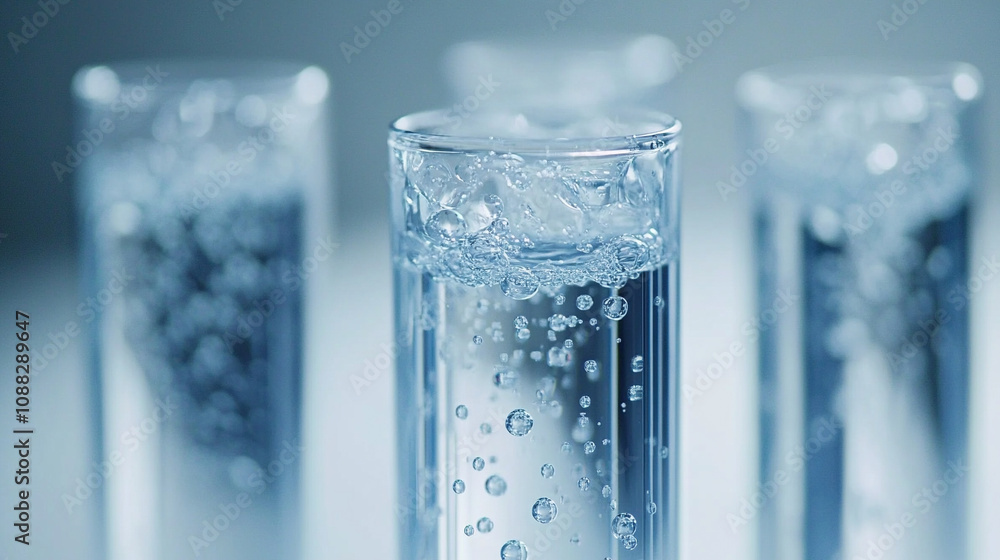 Close-up of a row of test tubes with liquid droplets inside highlighting scientific experimentation, research, and innovation in a laboratory setting Close-up of a row of test tubes with liquid droplets inside highlighting scientific experimentation, research, and innovation in a laboratory setting