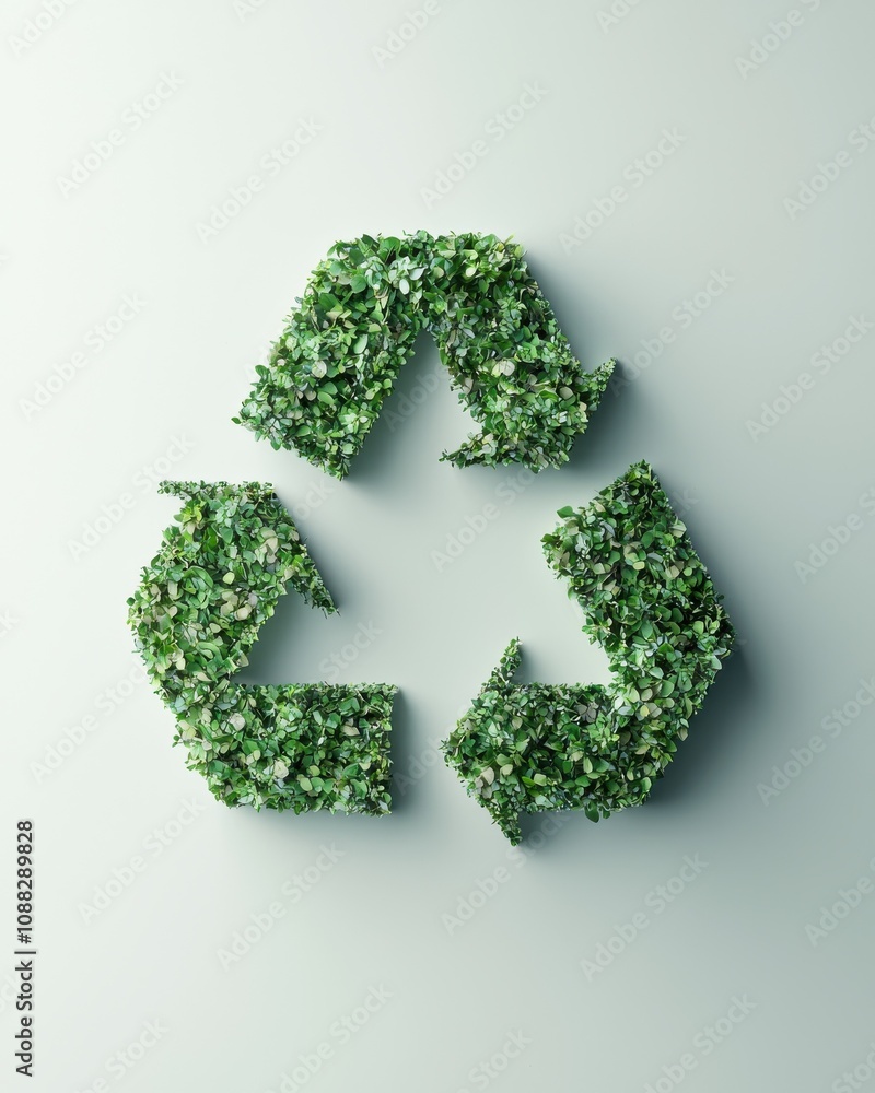 A green, leafy recycling symbol composed of plants, representing sustainability and environmental awareness against a light background. A green, leafy recycling symbol composed of plants, representing sustainability and environmental awareness against a light background.