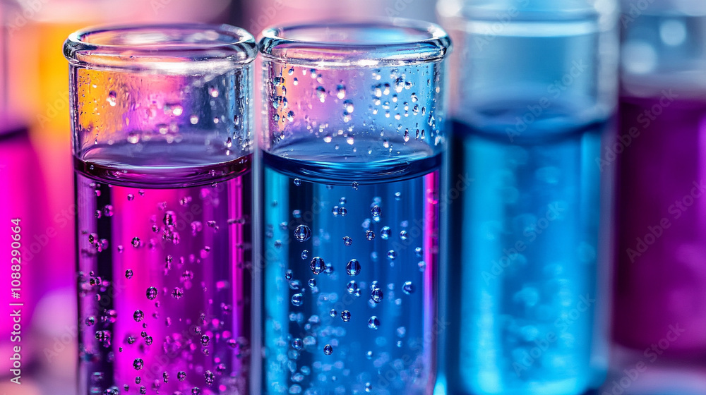 Fototapeta premium Close-up of a row of test tubes with liquid droplets inside highlighting scientific experimentation, research, and innovation in a laboratory setting