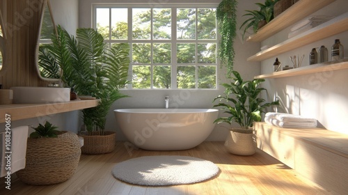 Serene Modern Bathroom with Freestanding Bathtub Surrounded by Lush Green Plants and Natural Light Streaming Through Large Windows