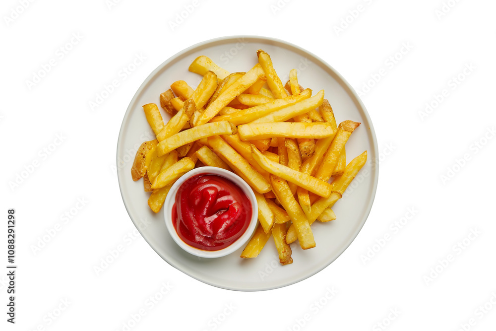 French fries and ketchup on plate, top view. Fast food dish isolated on transparent background. French fries and ketchup on plate, top view. Fast food dish isolated on transparent background.