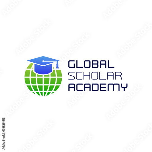 Graduation cap on green globe. Global Scholar Academy logo design. Suitable for educational, global, graduation concepts in designs. EPS Layered Vector File