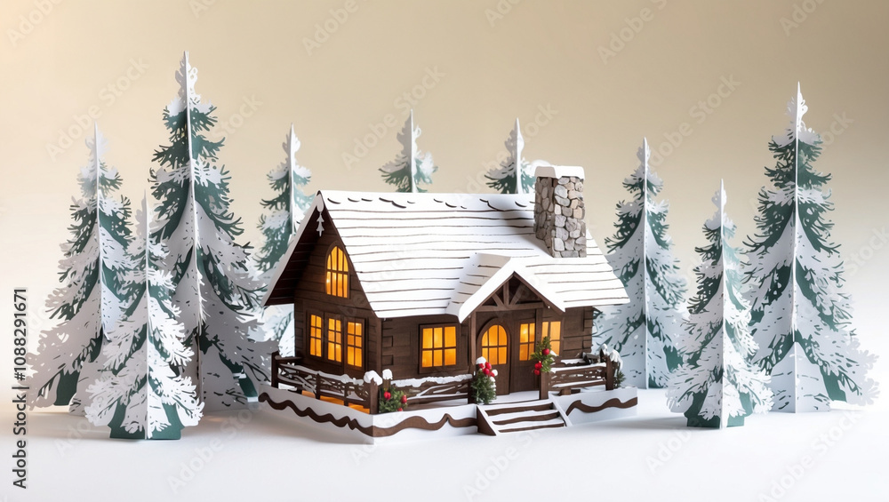 Fototapeta premium 3D pop up Christmas and New Year card featuring a serene 2d Snowy Cabin in the 2d Woods: a rustic, wooden cabin with a gently sloping roof, adorned with festive winter decoration