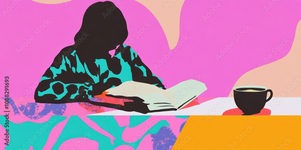 Vibrant illustration of a person reading at a colorful table with a cup of coffee Vibrant illustration of a person reading at a colorful table with a cup of coffee