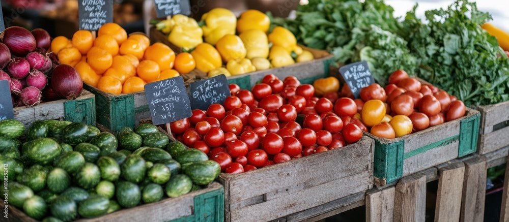 Fresh produce displayed in wooden crates at a market stall, featuring cucumbers, tomatoes, oranges, bell peppers, and greens. Fresh produce displayed in wooden crates at a market stall, featuring cucumbers, tomatoes, oranges, bell peppers, and greens.