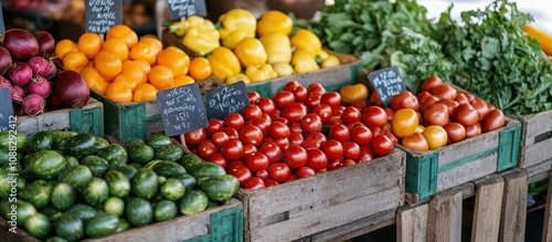 Fresh produce displayed in wooden crates at a market stall, featuring cucumbers, tomatoes, oranges, bell peppers, and greens.