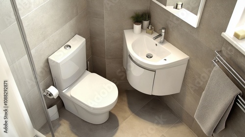 Contemporary Bathroom Design Featuring Corner Sink and Modern Toilet, Neutral Tones with Minimalist Style and Practical Layout for Small Spaces