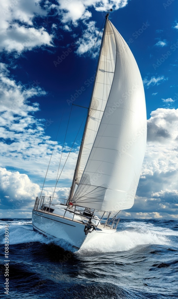 Fototapeta premium Experience the Thrill of Adventure on the Open Water: A Majestic Sailboat Navigating Through Waves Under a Vast Blue Sky