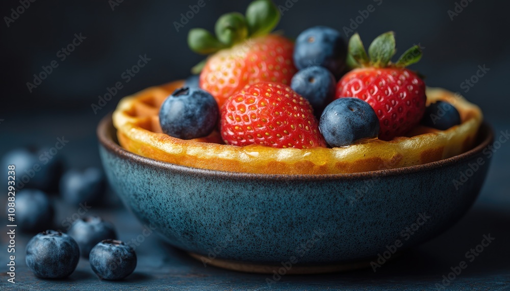 A bowl of waffles with strawberries and blueberries. A perfect image for breakfast or brunch. A bowl of waffles with strawberries and blueberries. A perfect image for breakfast or brunch.