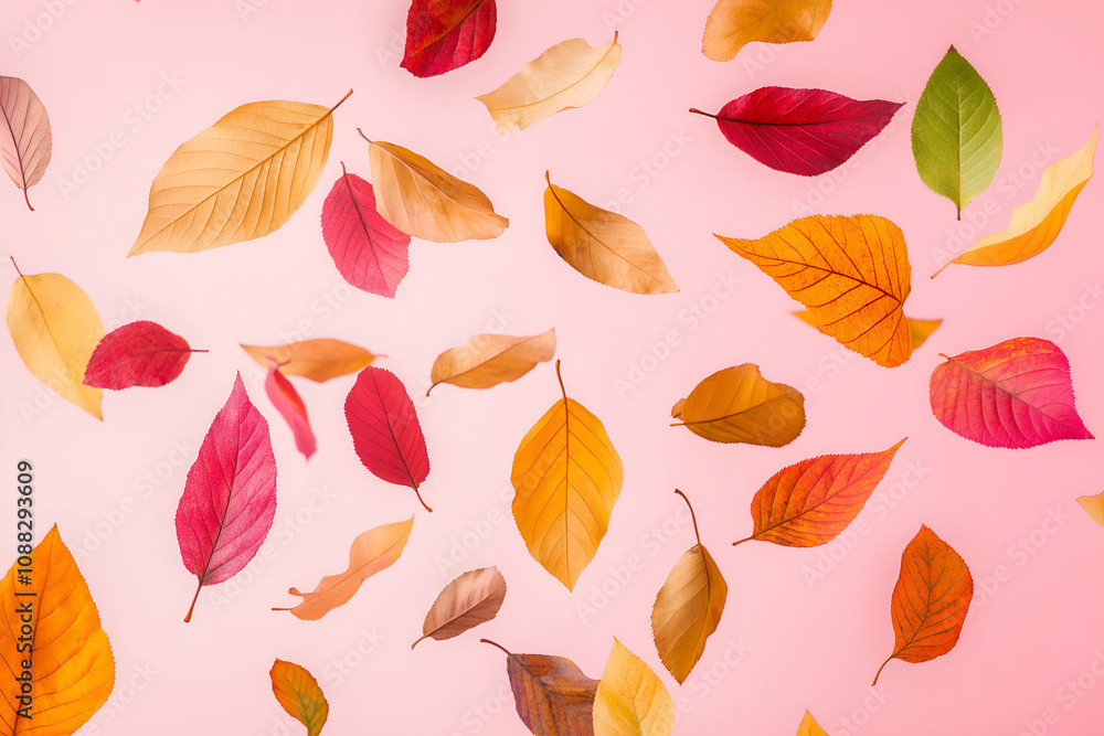 Obraz premium Falling autumn leaves isolated on pink background.