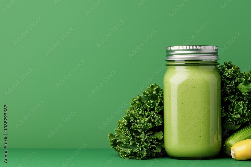 Green vegetable smoothie in mason jar with fresh ingredients on green background Green vegetable smoothie in mason jar with fresh ingredients on green background