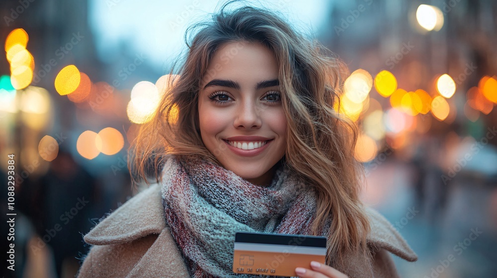 A stylish white lady aged 20-25, standing outdoors at twilight, holding a credit card with a confident and elegant smile. A stylish white lady aged 20-25, standing outdoors at twilight, holding a credit card with a confident and elegant smile.