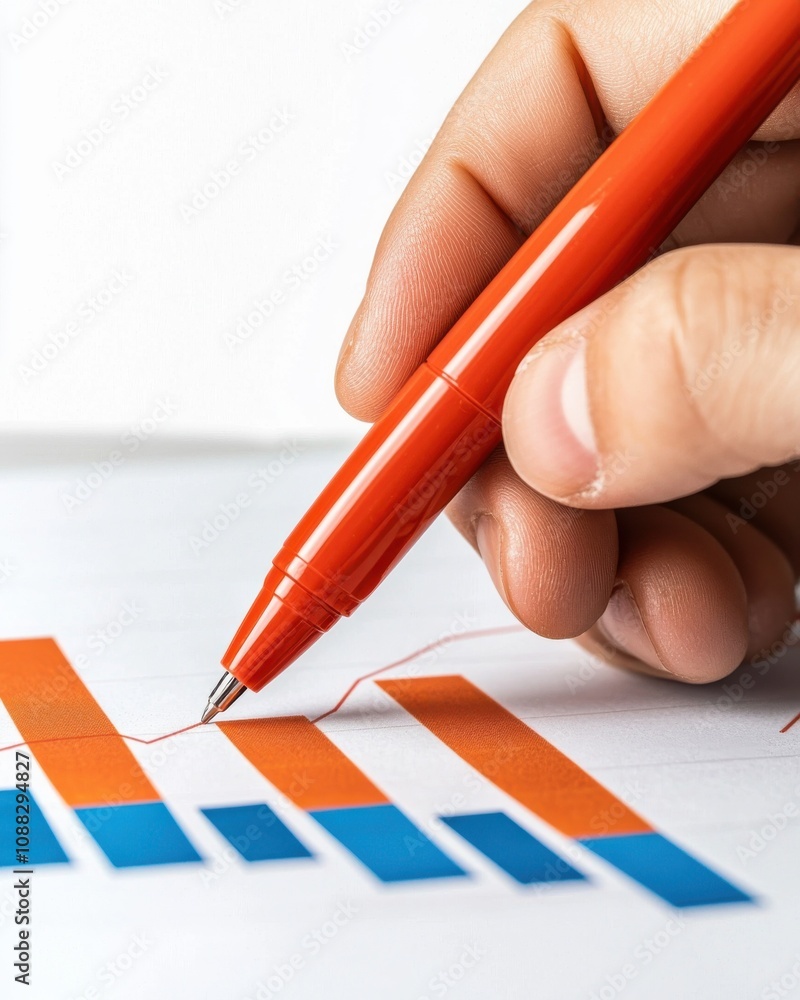 A person uses a red pen to analyze a colorful bar graph, indicating data trends and insights in a professional setting. A person uses a red pen to analyze a colorful bar graph, indicating data trends and insights in a professional setting.