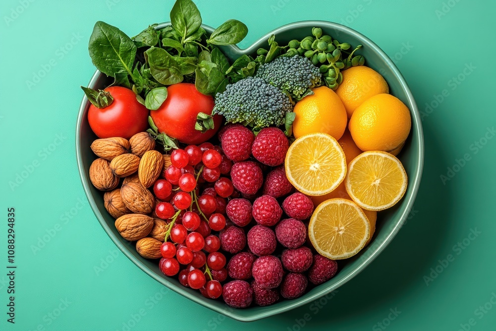 Heart-shaped bowl featuring an assortment of fruits and vegetables in vibrant hues Heart-shaped bowl featuring an assortment of fruits and vegetables in vibrant hues