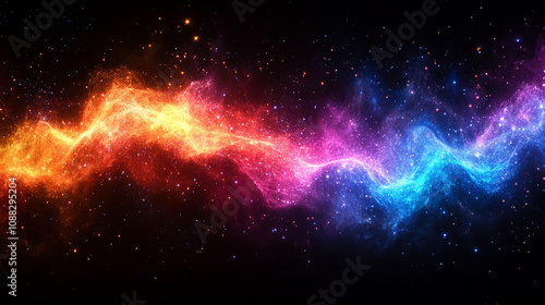 Abstract glowing neon wave on a dark background, symbolizing energy, motion, and futuristic technology with fluid lines and vibrant colors creating a dynamic, modern atmosphere