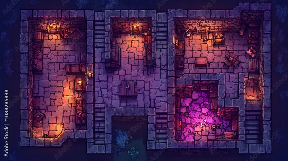 Top-down view of a dimly lit stone dungeon with multiple rooms, stairs, furniture, and a glowing purple crystal. Top-down view of a dimly lit stone dungeon with multiple rooms, stairs, furniture, and a glowing purple crystal.