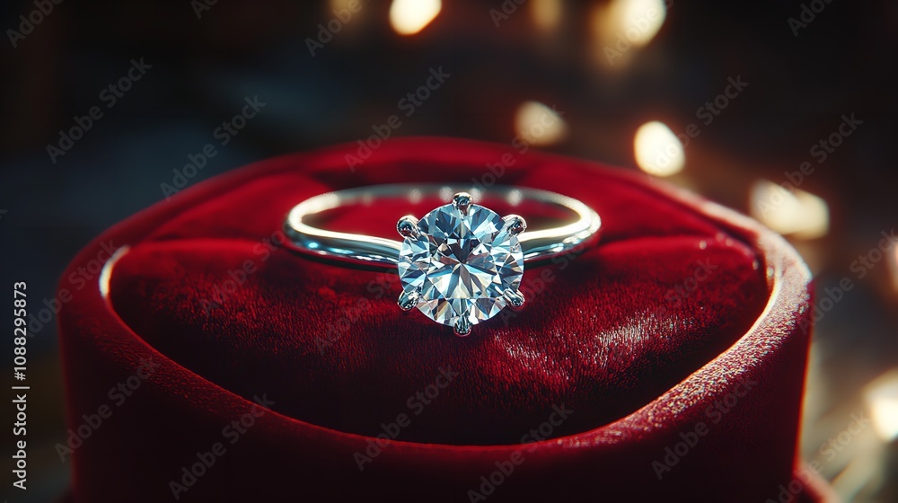 Elegant diamond ring in a red velvet box. Elegant diamond ring in a red velvet box.