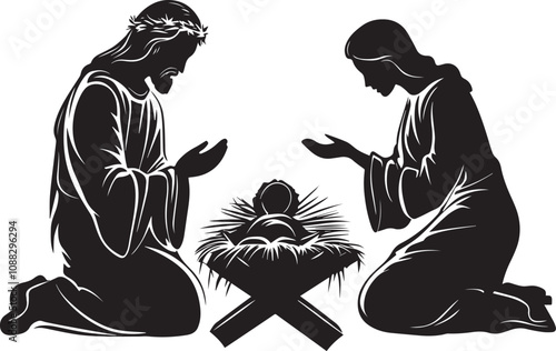 Christmas Nativity Scene of baby Jesus in the manger with Mary and Joseph clean simple vector silhouette black